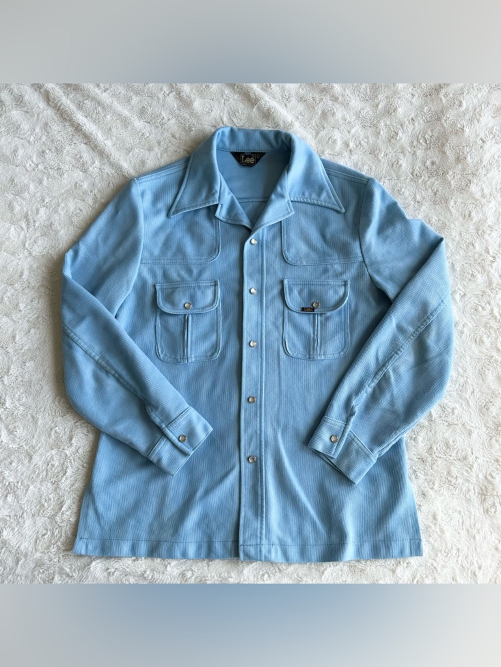 Vintage Lee Pearl Snap Shirt Mens Large Blue Western Flap Pocket Cowboy 70s USA